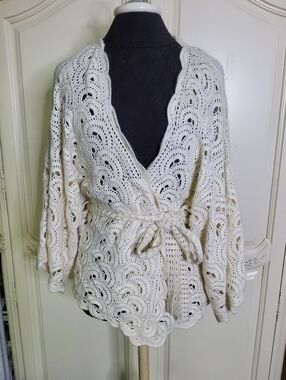 Meaghan Mac Crochet Tie-Waist Sweater Cardigan in Cream Kimono Wide Sleeves